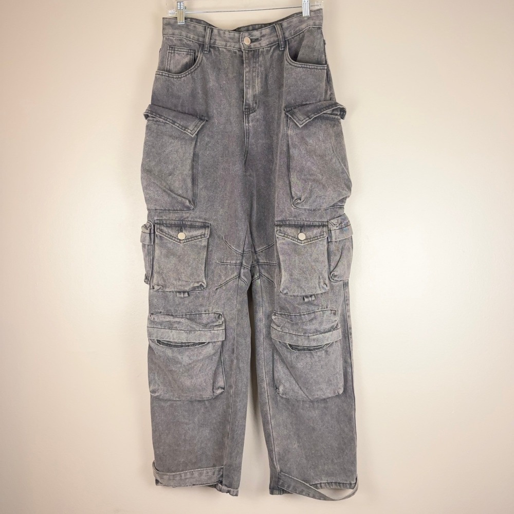 Micas Gray Acid Wash Cargo Jeans Womens Medium Baggy Wide Leg Y2K Streetwear